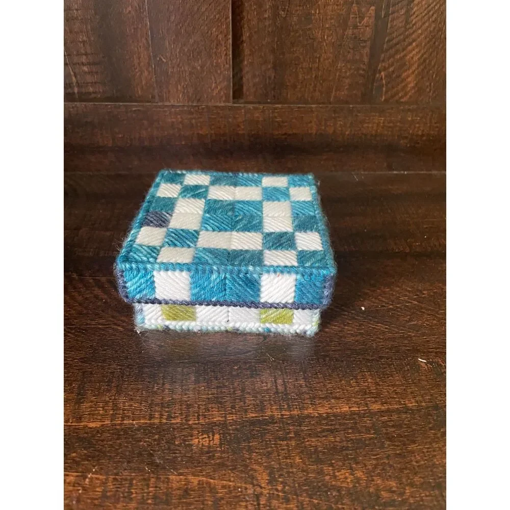 Vintage Hand Stitched Needlepoint Coaster Set w/ Box 6pc Geometric Yarn Art